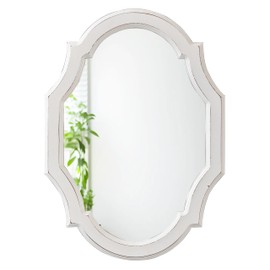 Sintosin Hanging Vintage Oval Mirrors for Wall Decor 24 X 18 Inch, Decorative Scalloped White Mirrors, Distressed Wood Frame Mirror for Entryway, Handmade Unique Mirrors for Living Room Bathroom