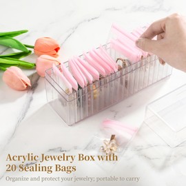 COSYOO Acrylic Jewelry Box with 20 Bags, Clear Jewelry Organizer with Portable PVC Sealing Bags, Anti Oxidizing Transparent Plastic Holder, Travel Jewelry Case for Earrings Rings Necklaces Bracelets