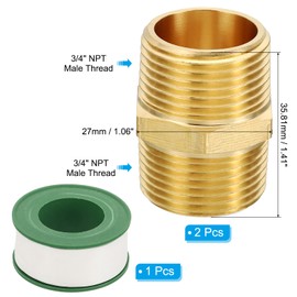 PATIKIL Brass Pipe Fittings Coupler Set, 2Pcs 3/4" x 3/4" NPT Male Thread Brass Hex Nipple Coupling Reducer Adapter Tubing Connector Adaptor with PTFE Tape for Water, Air, Oil, Gas Line