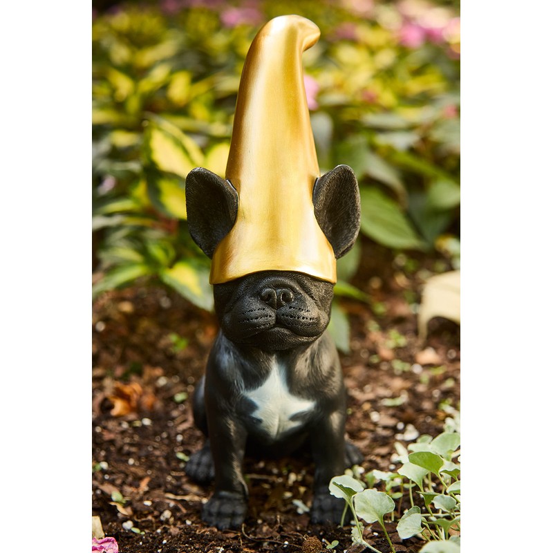 Frenchie Gnome - Black Frenchie Statue with Gold Hat |