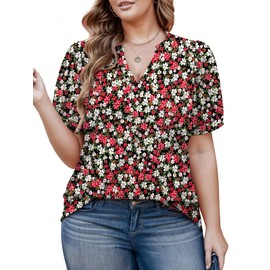Plus Size Tops for Women Summer Pleated Puff Sleeve Chic Notched V Neck XL Floral Printed Shirts FL09