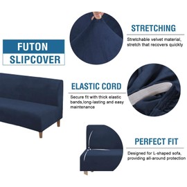 H.VERSAILTEX Real Velvet Futon Cover Armless Sofa Covers Sofa Bed Covers Stretch Futon Couch Cover Sofa Slipcover Furniture Protector Thick Soft Velvet Fabric Form Fitted Stay in Place, Navy