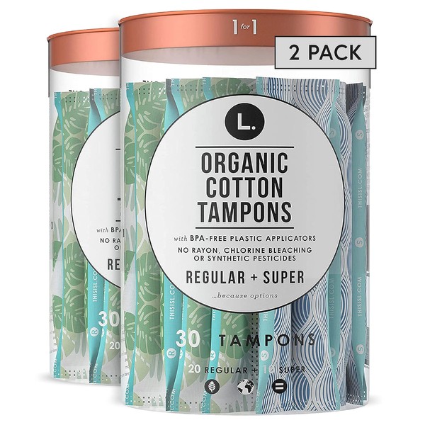 L. Organic Cotton Tampons Multipack, Regular/Super Absorbency, Free From Chlorine Bleaching Pesticides Fragrances Or Dyes, Bpa-Free Plastic Applicator, 30 Count X 2 Packs (60 Count Total)