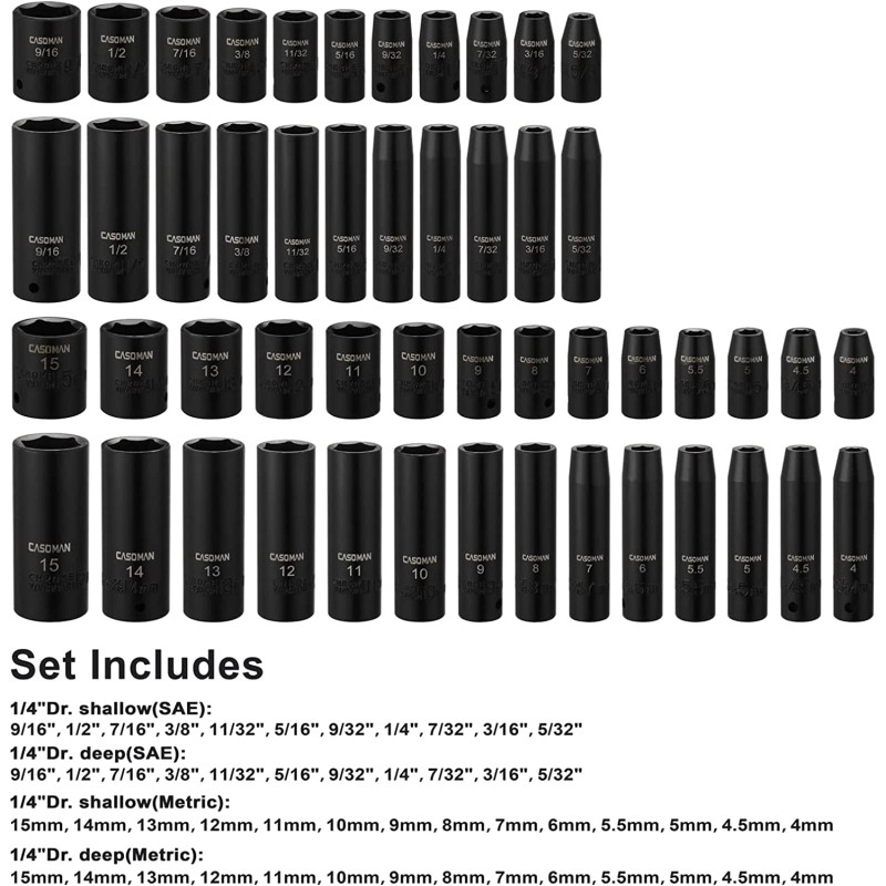 CASOMAN 1/4 Inch Drive Master Impact Socket Set, 50-Piece, 6-Point,