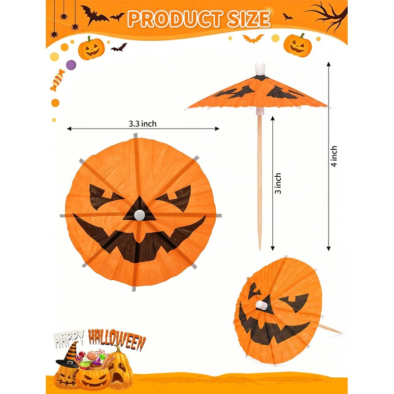 120Pack Halloween Pumpkin Drink Cocktail Umbrellas Picks