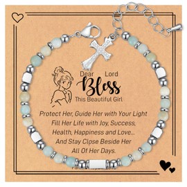 Holy Communion Gifts for Girls, Green Beaded Bracelets for Women Adjustable Cross Bracelets for Girls Her Daughter Teen, First Communion Gifts Religious Faith Jewellery Gifts for Girls Christians