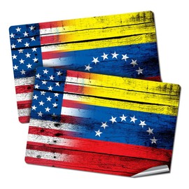 Two 2"x3" Decals/Stickers with Flag of Venezuela - Wood w USA Flag - Long Lasting Premium Quality