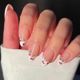 French Tip Press on Nails Medium Almond White Fake Nails with Cherry Design Nude Full Cover Stick on Nails Cute False Nail Reusable Artificial Acrylic Nail for Women Girls Art Decoration 24pcs