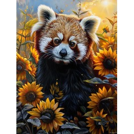 PUAGEMTI 5D Diamond Painting Art Set, Red Panda in Sunflower, A Gift for Animal Lovers, Suitable for Adult Beginners DIY Landscape Diamond Set Wall Decoration 12x16 Inches