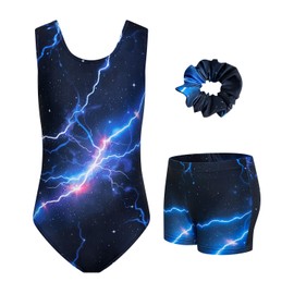 JiAmy Gymnastics Leotards for Girls, 3Pcs Sleeveless Athletic Outfit Sparkly Dance Unitards with Shorts Ballet Biketards 8-9 Years