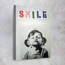 Awesometik" Banksy Graffiti Street Art Canvas Art Wall Art Home Decor (45L x 30W, Smile Girl)