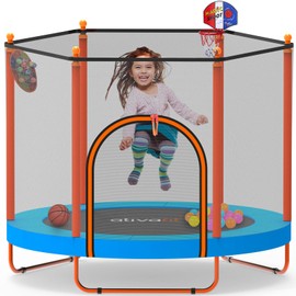 Ativafit 60'' Rebounder Trampoline Indoor Outdoor for Kids Ages 1-8, 5 FT Recreational Toddler Trampoline with Safety Enclosure Net Gifts with Basketball Hoop Dartboard Ocean Ball for Fun