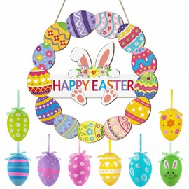 Easter Wreath Door Sign with 8 Easter Egg Ornaments, 28x28cm Happy Easter Wooden Hanging Sign, Colorful Easter Decorations for Front Door, Porch, Wall, Home & Easter Party Supplies