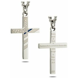 Shields of Strength Men's Stainless Steel Silver Police Thin Blue Line Flag Pendant Cross Necklace Proverbs 30:5 Bible Verse Christian Faith Gifts