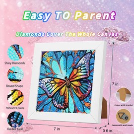 WEMEON Butterfly Diamond Art Painting Kit for Kids, Ages 6-12, 7x7 Inches (with Frame), Non-Foldable