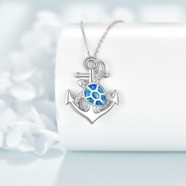 KZX Blue Opal Anchor Turtle Pendant Necklace for Women Men S925 Sterling Silver Anchor Turtle Pendant Jewelry Gifts for Mother Wife