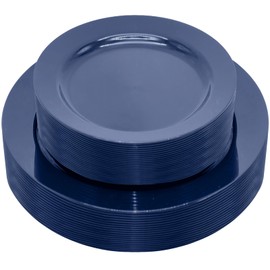 joy akkess 50 PCS Blue Plastic Plates Heavy Duty Navy Blue Plates Disposable include 25 Dinner (10.25") & Dessert/Salad (7.5") for Birthday, 4th of July Party, Graduation