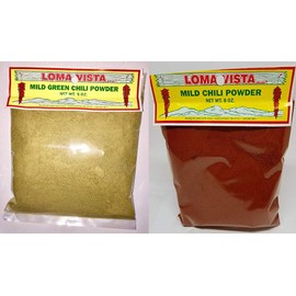 Loma Vista New Mexico "Christmas Style" Bundle - 1 Each of Mild Hatch Green Chili Powder 5 Ounce and Mild Red Chili Powder 8 Ounce Bags