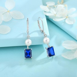 FJ Pearl Dangle Drop Earrings 925 Sterling Silver Square Princess Cut Leverback Earrings Sapphire September Birthstone Jewellery Gifts for Women