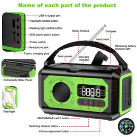 44400mWh/12000mAh Emergency Radio, Hand Crank Portable Solar Radio AM/FM/NOAA Weather Radio with 2 Solar Panels,3 Charging Methods,SOS Alarm,Flashlight,Phone Charger,Compass,Reading Lamp(Grass Green)