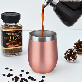 Lifecapido Stainless Steel 12oz, Double Wall Vacuum Insulated Stainless Steel Stemless Wine Tumblers with Lid and Straw for Wine Coffee Champaign Juice, Rose Gold