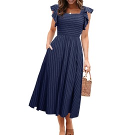 Miessial Womens Ruffle Short Sleeve Summer Midi Dress Casual Square Neck A Line Boho Flowy Smcoked Dresses with Pockets Navy Blue,M