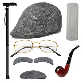 Old Man Costume for Kids Costume Accessories Cane Hat Glasses and Moustache Eyebrows 100 Days of School Kids Costume Set (grey)