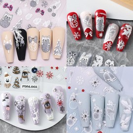 Christmas Nail Stickers, 3D Embossed Snowflake Nail Decals with Rhinestones Snowflake Bell Xmas Tree Reindeer Winter Nail Art Design for Women Girls(4 Sheets)