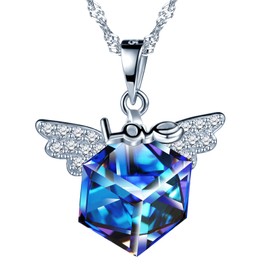 MOOFUN Women's Necklace 925 Sterling Silver Crystal Zirconia Angel Wings Engraved with Love Charms Pendant Necklace Jewellery Packaging Valentine's Day Gifts for Her Women Friends Mum Girls, Silver,