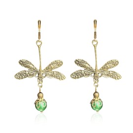 JDONL Vintage Bronze Dragonfly Earrings for Women Gold Metal Carved Pattern Insect Earrings Rhinestone Crystal Created Emerald Pearl Dangle Drop Earrings Jewelry Gifts (Green)