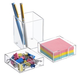 HBlife Office Desk Organizer Set of 3 with Pen Pencil Holder, Paperclip Storage and Sticky Note Holder, Clear Acrylic Desktop Accessories and Workspace Organizers for Women or Men