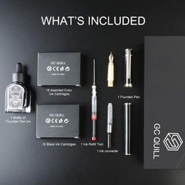 GC QUILL Fountain Pen Set, Elegant Executive Fine Nib Pen with Ink Converter, Refill Tool, Black & Assorted Cartridges, Bottled Ink, Gift for Journaling, Writing, Office and Beginners (Black & Gold)