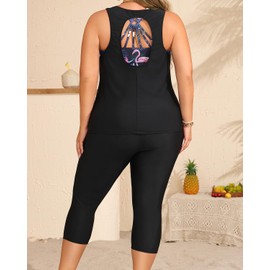 Yonique 3 Piece Plus Size Swimsuits for Women Tankini Tops with Sports Bra and Swim Capris Athletic Bathing Suits Black & Flamingo 22 Plus