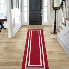 Nautica – Runner Rug | Indoor Runners for Hallways and Entry Rugs| Non-Slip and Non-Skid Entry and Kitchen Door Mat| Machine Washable Entryway Carpet Rugs | 26” x 96” | Double Border Red