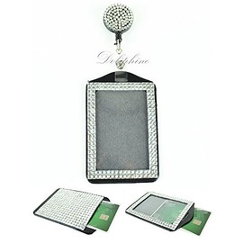 Full Crystal Rhinestone Vertical ID Badge Holder with Retractable Reel (Clear)