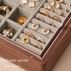 Bescott 2 Layer Solid Black Walnut Wooden Jewelry Box for Women Wood Vintage Organizer for Men Earrings Rings Necklaces Bracelet Watch Storage Mother's Day Gift