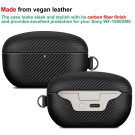 LOPIE Case Compatible with WF-1000XM5, Carbon Fiber Style Vegan Leather Case Designed for Sony Earbuds WF1000XM5 Case Cover (2023), Protective Cover with Lanyard for Women/Men- Black