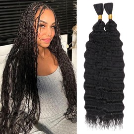 Samtress 18 Inch Deep Wave Bulk Braiding Hair Natural Black 20% Human Hair Mixed Quality Synthetic Curly Hair Extensions Wet and Wavy Boho Braids No Weft 2 Bundles (#1B)