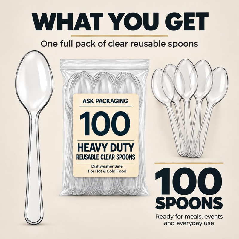 100 Pack Heavy Duty Clear Spoons – Re-usable & Dishwasher