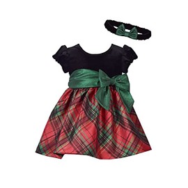 Bonnie Jean Holiday Christmas Dress - Classic Plaid with Velvet with Hair Accessories, Short Sleeve Headband, 2T