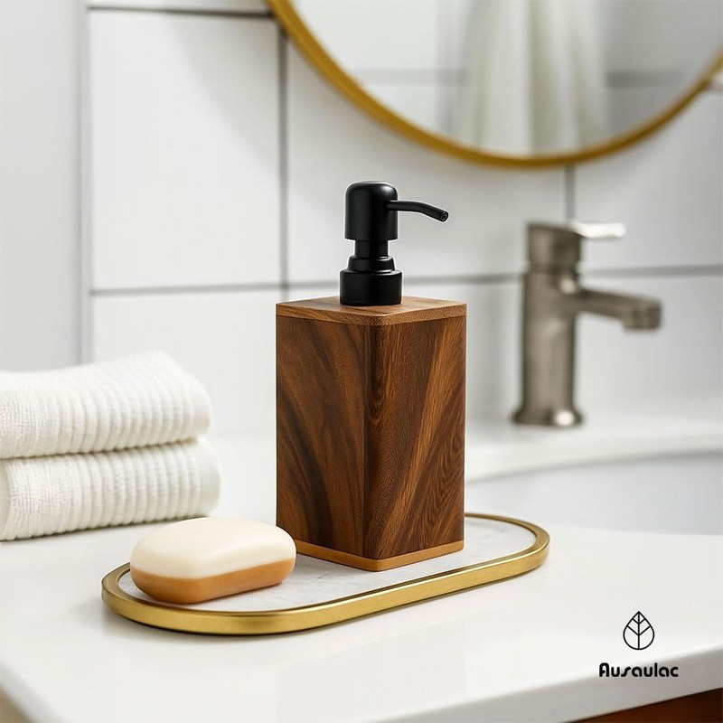AUSAULAC 400ml Solid Wood Soap Dispenser for Bathroom,Kitchen –Wooden Refillable