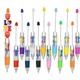 Lopenle 12 Pcs DIY Multicolor Beadable Pens Plastic Colored Bead Kit Pens Beaded 4 in1 Ballpoint Pens for School Office Home（Multicolor）