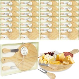 24 Set Bridal Shower Party Favors Round Wooden Cheese Board Gift Set with Box Knife Fork and Thank You Tag, Bamboo Charcuterie Board for Guests Wedding Bridal Baby Shower Housewarming Party Gifts