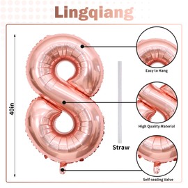 80th Birthday Balloons Rose Gold for Women, 40 Inch Giant Mylar Foil Number 80 Balloons Self Inflating, Rose Gold Digit 8 & 0 Helium Balloons for 80th Anniversary Party Decorations Supplies