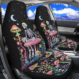 Quelytytrip Skull Galaxy Mushroom Print Car Seat Cover Front Seats Only for Women,Universal Fit for Most Cars,SUVs,Sedan,Truck or Van