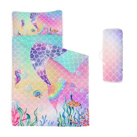 HOSIMA Nap Mat - Pink Mermaid Tail Sleeping Bag with Removable Pillow - Daycare and Overnight Preschool Kindergarten Bedding Set for Kids Toddler Boys Girls(Tail Large)