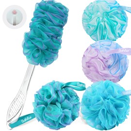 Bathflor Loofah Sponge 80g, Shower Loofah for Women (6-in-1): 1 Long Handle loofah on a Stick & 4 Extra Large 80g Soft Mesh Loofa & 1 Hook, Exfoliate with Cleanse for Women Men (Green-Purple)