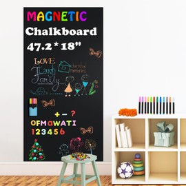 Magnetic Chalkboard Contact Paper for Wall, 47.2" x 18" Self-Adhesive Magnet Wall Sheet with 79 Magnete Letters for Kids and 12 Colors Liquid Chalk, Magnetic Wallpaper Stickers, Chalk Board