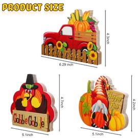 Quzzil 3 Pieces Thanksgiving Wooden Centerpiece Signs Autumn Harvest Turkey Table Decorations Thanksgiving Tabletop Display for Thanksgiving Party Supplies (Gnome, Turkey, Truck Style)