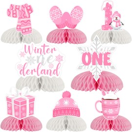 Fangleland Winter Onederland 1st Birthday Honeycomb Centerpieces, Pink Snowman Snowflake First Birthday Table Topper for Girls 1 One Year Old Bday Decor, Winter Snow Party Decorations Supplies